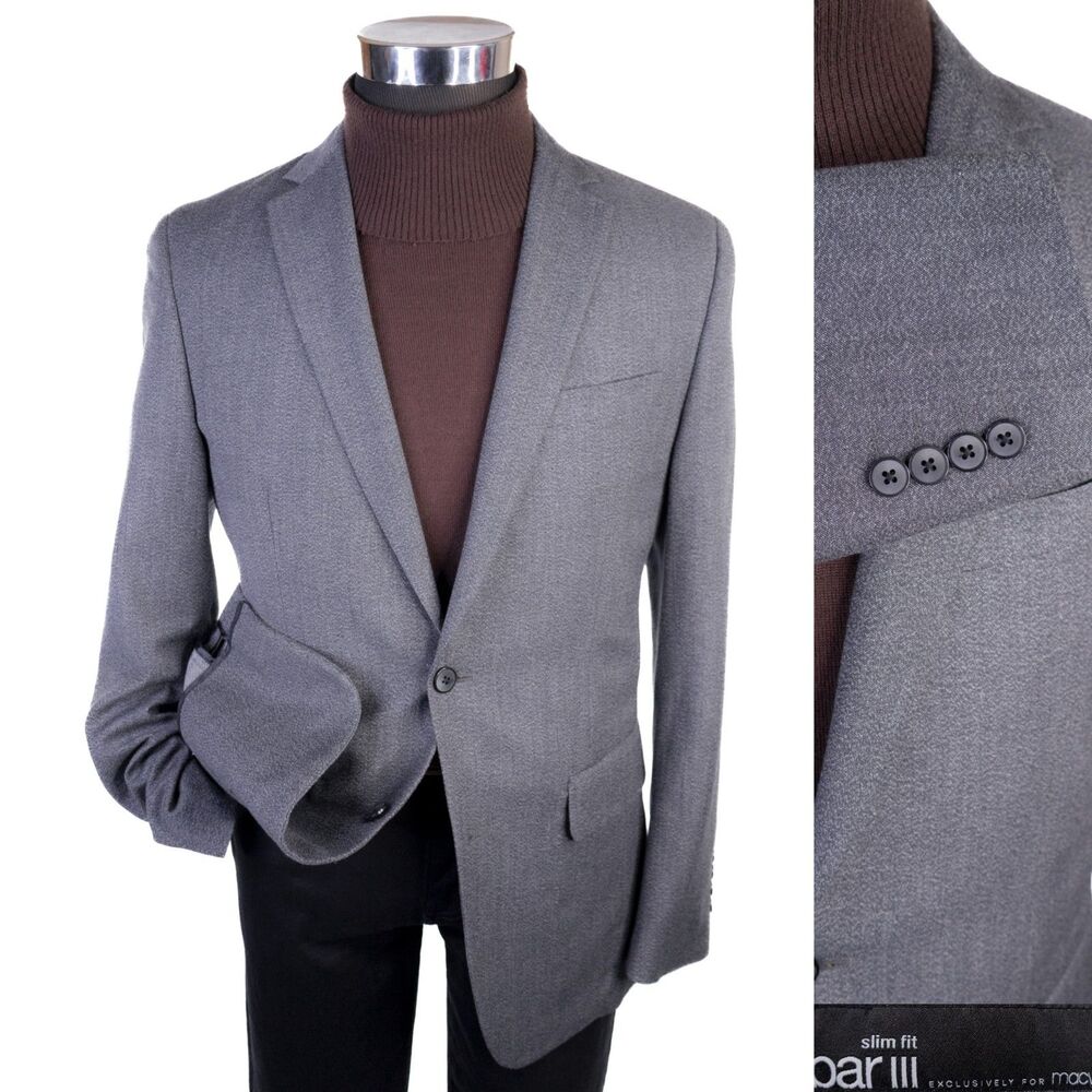 BAR III Blazer Sport Coat Blazer Sz 38R Gray Wool Cotton Blend 2-Button Jacket